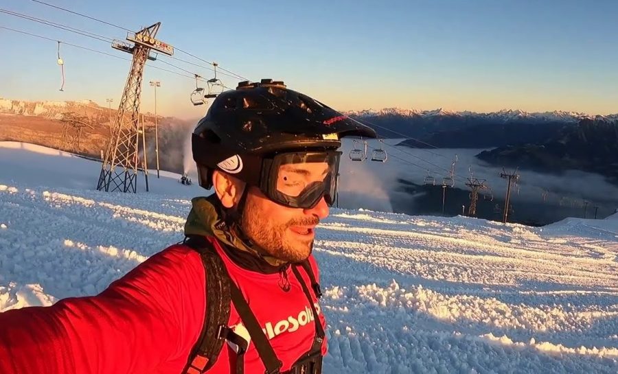 Claudio Caluori Mountain Biking in the Snow on the NeverEndTrail in Laax